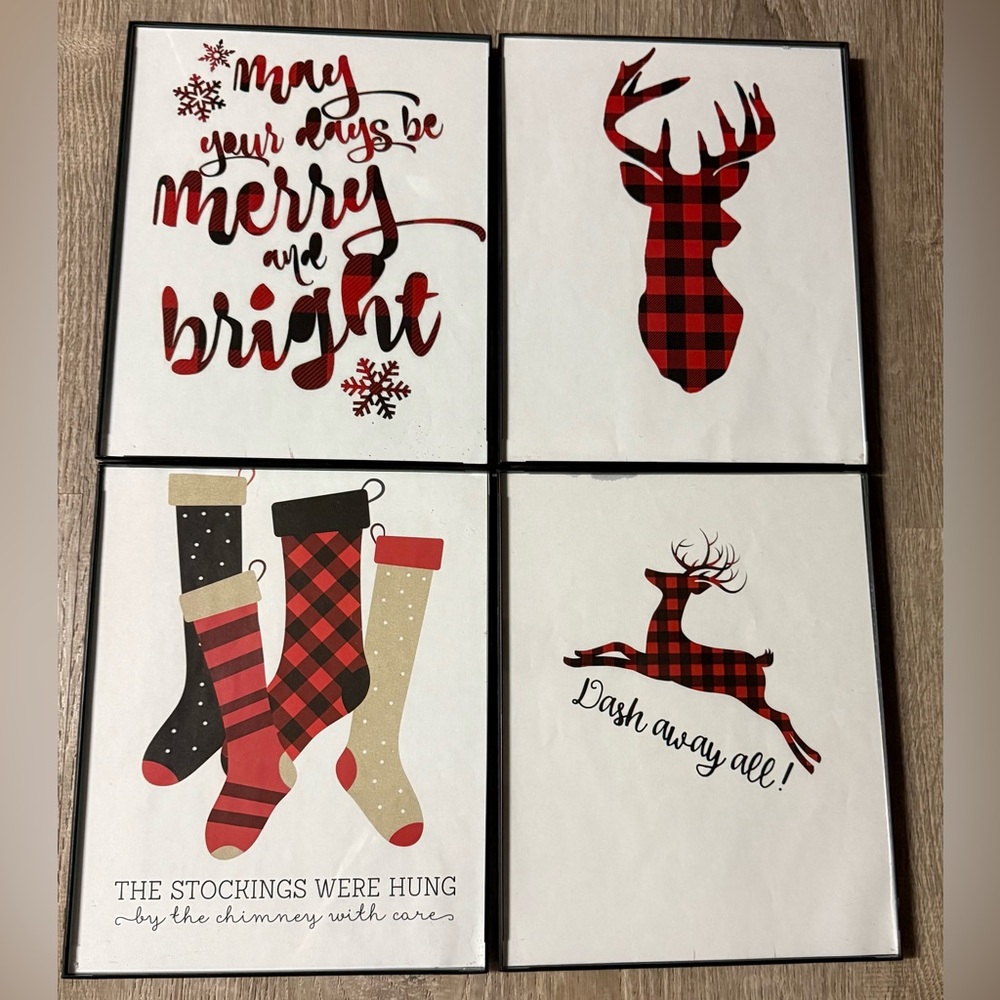 Plaid Christmas Wall Art Set of 4 Framed Reindeer Stockings Holiday Decor - Picture 2 of 4
